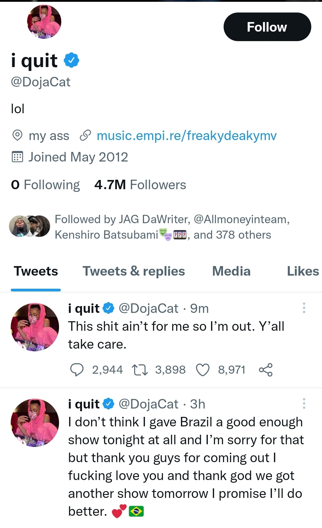 Doja Cat quits music tweets